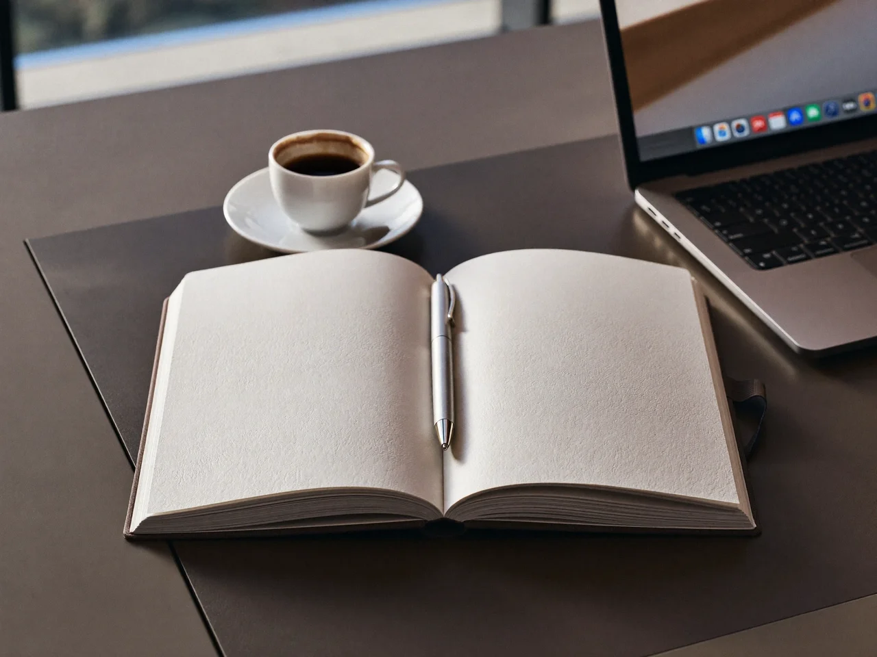 Birou de începător cu caiet deschis, pix, laptop cu ecran estompat și o cană de cafea