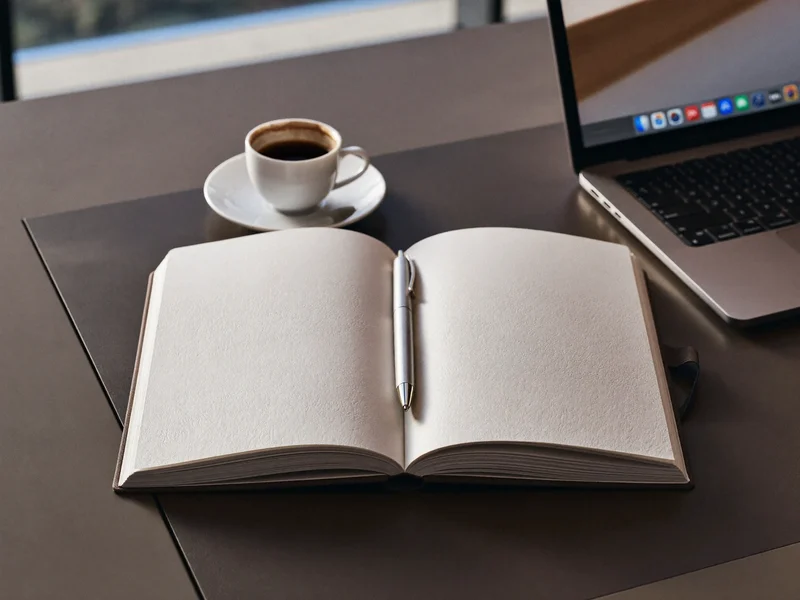 Birou de începător cu caiet deschis, pix, laptop cu ecran estompat și o cană de cafea