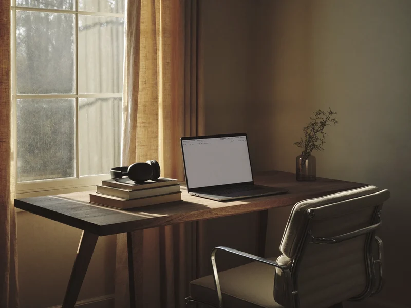 Colț de studiu liniștit, cu cărți, căști și laptop pe un birou din lemn